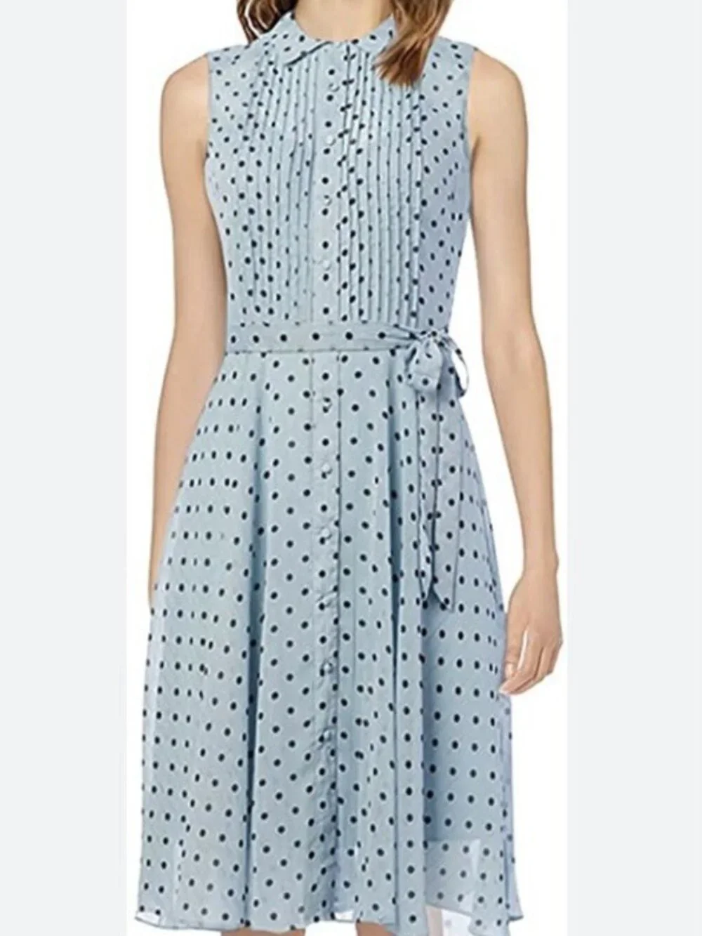 Light blue sleeveless pintuck polka dot dress - Picture 1 of 9